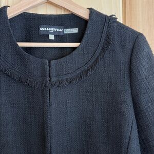 Karl Lagerfeld Paris Black Tweed Fringe Blazer with Bell Sleeves